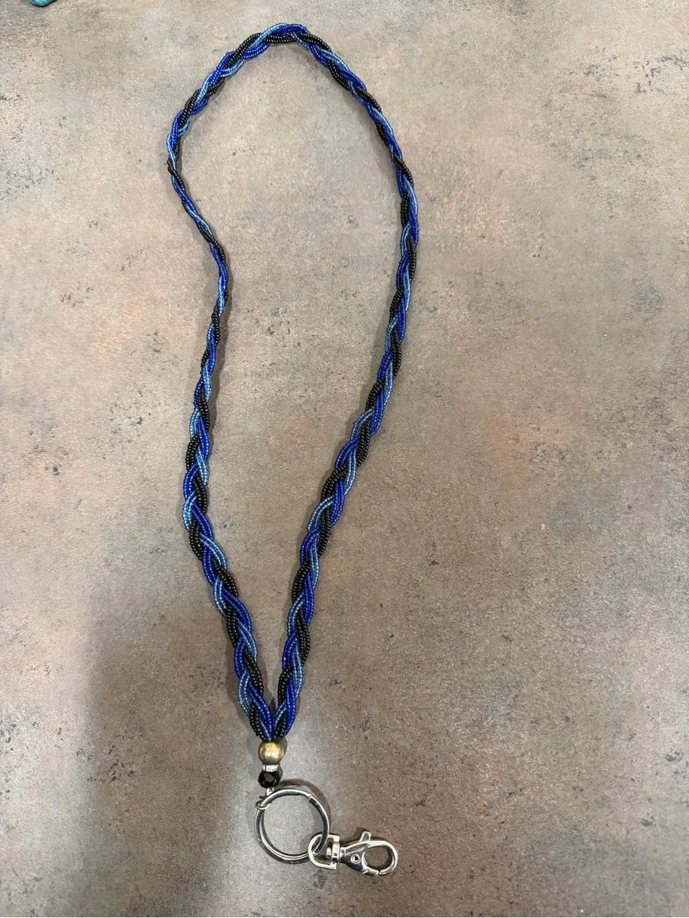 Beaded Braided Lanyard Necklace Blue & Black Detachable Key Ring Lobster Clasp.